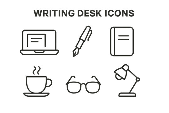 Writer office workspace icon set. Thin line vector illustration of desk items. Laptop, fountain pen, notebook, coffee, eyeglasses, lamp symbols. For web, mobile UI.