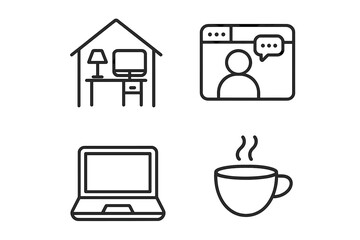 Fototapete - Remote work line icon set. Home office, online meeting, freelance job concept. Telecommuting, webinar, and video conference symbols. Business communication vector pictogram.
