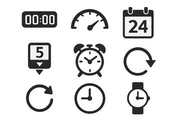 Fototapete - Time and date icons set. Clock, timer, calendar, and watch symbols. Speedometer, countdown, alarm, and schedule pictogram collection for web and mobile app UI design.