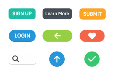 Fototapete - User interface web buttons in flat style for UI, mobile app, web. Colorful vector call to action elements for website and application design. Login, submit, search icon.