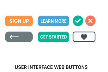 Fototapete - Colorful user interface buttons and icon set. Modern flat design CTA web elements with sign up, learn more, get started, yes, no, like. Vector kit for UI UX design.