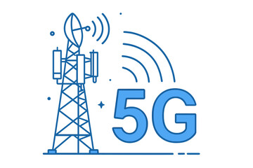 Fototapete - 5G network technology concept. Communication tower with antenna broadcasting a high-speed wireless internet signal. Mobile data base station vector line illustration.
