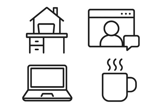 Work from home icon set. Remote work outline icons. Home office, video call, laptop, coffee mug. Freelance lifestyle and work-life balance concept vector symbols.
