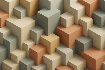 Poster - Interconnected cubic forms in warm earth colors, presenting intricate geometric arrangement highlighting architectural abstract design with dimensional layering