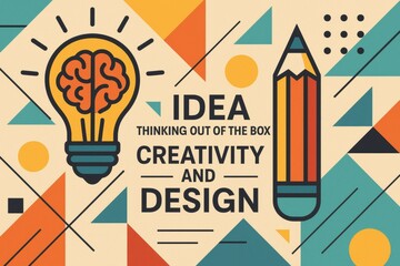 Poster - Luminous light bulb alongside pencil representing creative thinking, set against vibrant geometric background signaling innovative design concepts and brainstorming potential