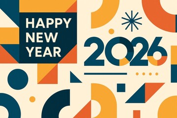 Poster - Festive greeting card featuring bold geometric patterns in vibrant colors, representing celebratory energy and welcoming year 2026 with contemporary design