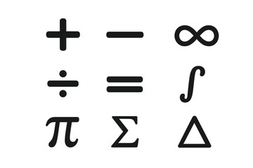 Poster - Mathematical symbols vector icon set. Plus, minus, division, equal, infinity, pi, sigma, integral, delta. Flat glyph icons for algebra, calculus, and science education.