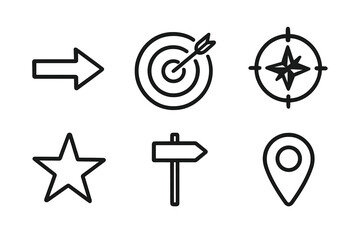 Poster - Navigation icons vector set. Outline symbols collection: arrow, target, compass, star, pointer, location pin. Concept of direction, goal, GPS, success. Linear UI design.