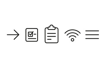 Poster - Essential UI line icon set for web and app design. Includes arrow, checklist, clipboard, wireless signal, and menu symbols. Minimal vector icons for user interface kits.