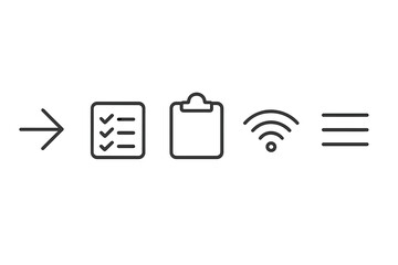 Poster - Essential outline icons set for UI UX design. Minimal linear symbols of arrow, checklist, clipboard, wireless signal, and navigation menu for web, app, and infographics.