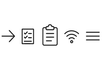 Poster - Essential UI icon set with arrow, checklist, clipboard, wifi, and menu symbols. Thin line vector pictograms for web design, app interface, and modern user experience.