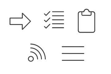 Poster - Essential UI UX line icon set for web and mobile app design. Minimalist outline symbols including arrow, checklist, clipboard, wireless signal, and menu for navigation.