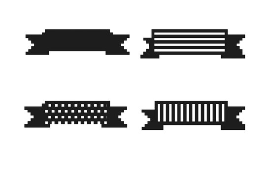 Pixel banner vector set. Black pixelated ribbons for web design. Retro 8-bit gaming aesthetic. Editable patterned, striped and solid elements for classic graphics.