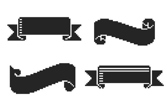 Pixel banner vector set. Black pixelated ribbons for retro game design. 8-bit graphic elements. Old school video game scroll labels. Vintage computer art assets collection.