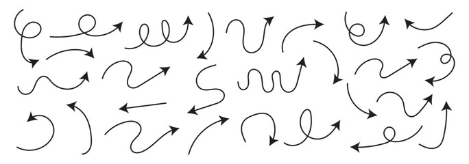 Leinwandbilder - Arrows hand drawn doodle icons set. Curved cartoon arrows sketches collection. Flat and thin pointers illustrations. Scribble swirl arrow signs.