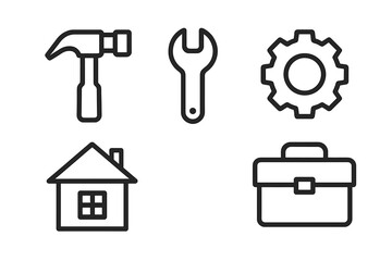 Poster - Tool icon set for construction and home repair. Vector symbols collection with hammer, wrench, gear, house, toolbox. Line art for web design, app. Editable stroke.