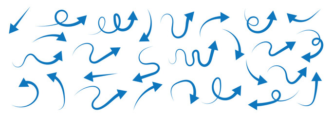 Leinwandbilder - Arrows hand drawn doodle icons set. Curved cartoon arrows sketches collection. Flat and thin pointers illustrations. Scribble swirl arrow signs.