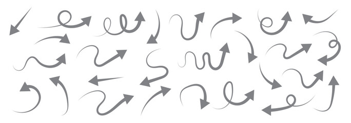 Leinwandbilder - Arrows hand drawn doodle icons set. Curved cartoon arrows sketches collection. Flat and thin pointers illustrations. Scribble swirl arrow signs.