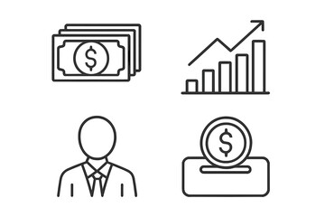 Poster - Business and finance icon set. Vector line art symbols for web and UI. Includes money, growth chart, businessman, and donation icons. Investment and profit concepts.