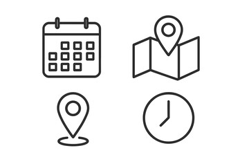 Poster - Time, date, and location icon set. Thin line vector symbols for calendar schedule, appointment reminder, event deadline, map navigation pin, address, and clock or timer.