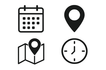 Poster - Calendar, time, and location icon set. Vector symbols for date, schedule, appointment, reminder, address, map pointer, and clock. Simple glyphs for web and app UI/UX.