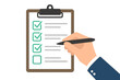 © Dierk - Hand with pen marks checkbox on clipboard checklist. Business task management concept. To-do list, survey, form completion. Signing document, agreement, or contract vector.