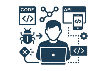 Poster - Programmer at laptop concept illustration. Coder develops app, fixes bugs. Software development workflow with API, code, and node connections. Vector icon set.