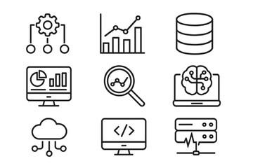 Poster - Big data analysis and processing icon set. Thin line vector icons for statistics, database, analytics, cloud computing, AI, hosting, server monitoring, coding for web.