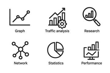 Poster - Data analytics line icon set. Vector collection of graphs, traffic analysis, research, network, statistics, and performance symbols for web, mobile app, and UI design.