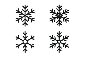 Poster - Snowflake icon set, four symmetrical black snow crystals, simple winter holiday symbol, isolated transparent background, flat minimal design for Christmas decorations, weather forecast or seasonal UI