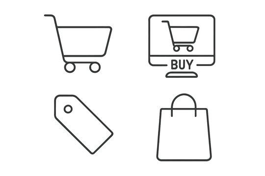 E-commerce shopping icon set. Web icons in thin line style. Includes shopping cart, computer buy button, price tag, and bag. Vector for online store, mobile app, website.