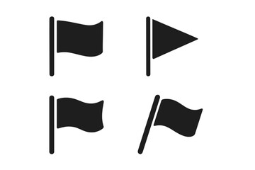 Poster - Black waving and triangular flag icons set of 4 minimalist isolated symbols, navigation location pin marker, goal finish sign, warning banner, vector clipart on transparent background