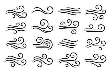 Poster - Whirling wind swirl icons set, decorative breeze line doodle symbols in multiple styles, abstract air flow graphic elements, outline weather forecast signs for app UI, logo, print, illustration