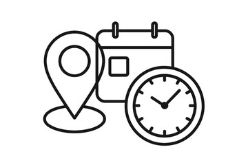 Poster - Location, date, and time icon. Vector for event planning, schedule reminder, and appointment deadline. Simple line art symbol for gps, calendar, and clock illustration.
