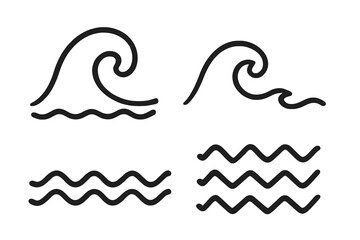 Poster - Ocean sea waves symbols set. Wave line art and wavy zigzag lines icons. Vector illustration. Hand drawn water, surf, tide, flow, aqua and nature graphic elements.