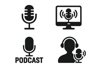 Aufkleber - podcast icon set for streaming and broadcast. vector microphone, audio equipment, host with headphon