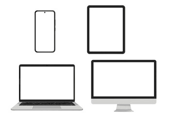 Poster - Device mockup set with smartphone, tablet, laptop, computer monitor. Realistic vector gadgets with blank screens for responsive web design, UI, UX presentation. Isolated.