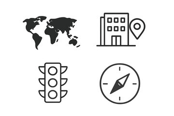 Poster - Simple line icon set with world map, office location, traffic light, and compass. Vector symbols for web and mobile apps. Global business, gps navigation, travel direction.