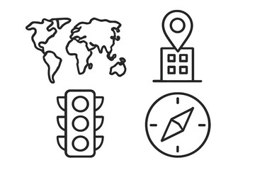 Poster - Vector icon set with world map, office location pin, traffic light, and compass. Simple line art for global business, travel, navigation, direction, and GPS concepts.