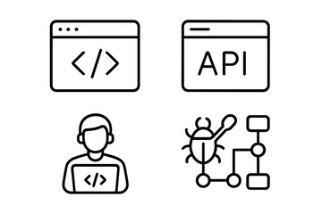 Poster - Web development icon set in thin line style. Programmer, coder, and software engineer symbols. Includes API interface, coding, bug fixing, and app flowchart icons.