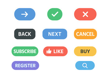 Aufkleber - Flat style UI buttons set for web design and mobile apps. Call to action button collection with icons. Includes subscribe, like, buy, next, cancel, register. Vector element.