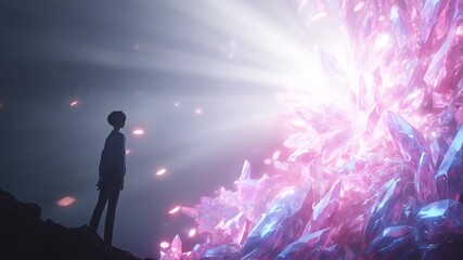 Wall Mural - A person stands gazing at a colossal crystal structure, awestruck by its brilliance
