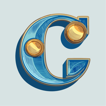 A detail letter C alphabet classic style, linocut and engraving illustration style
