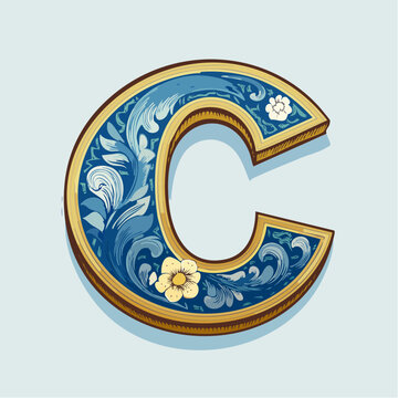 A detail letter C alphabet classic style, linocut and engraving illustration style
