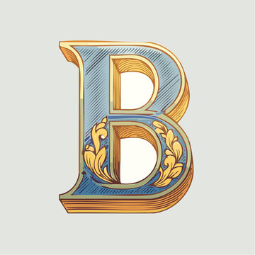 A detail letter B alphabet classic style, linocut and engraving illustration style
