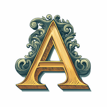 A detail letter A alphabet classic style, linocut and engraving illustration style