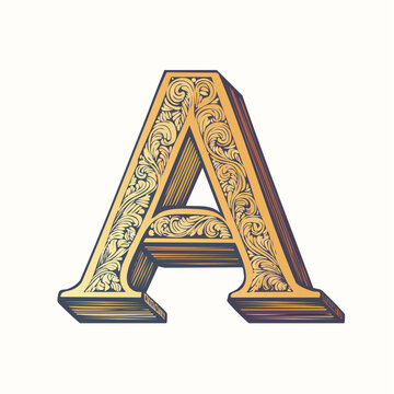 A detail letter A alphabet classic style, linocut and engraving illustration style