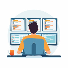 Programmer Working on Multiple Monitors with Code