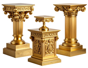Ornate golden display pedestals set with baroque detailing, isolated on transparent background PNG