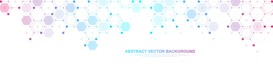 Wall Mural - Modern health care or medical background design. Health care innovation concept. Horizontal header web banner. Abstract geometric background with hexagon shapes for medicine, science, chemistry.